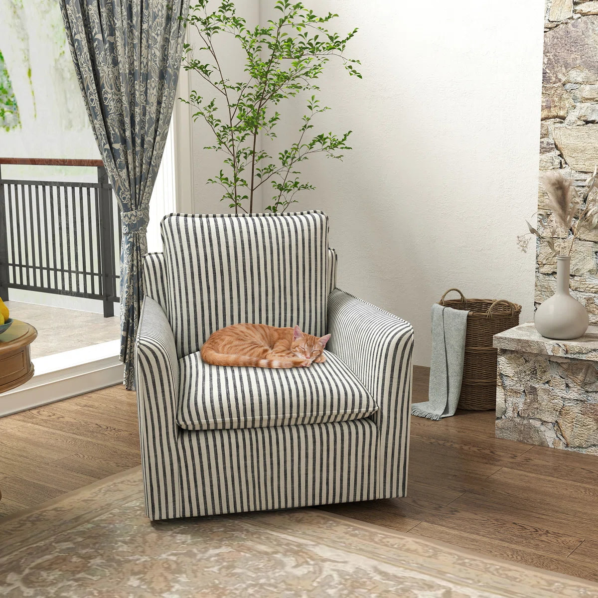 Romines 29.7" W Modern Soft Stripe Upholstered Swivel Barrel Chair with Removable Cushion (Set of 2)