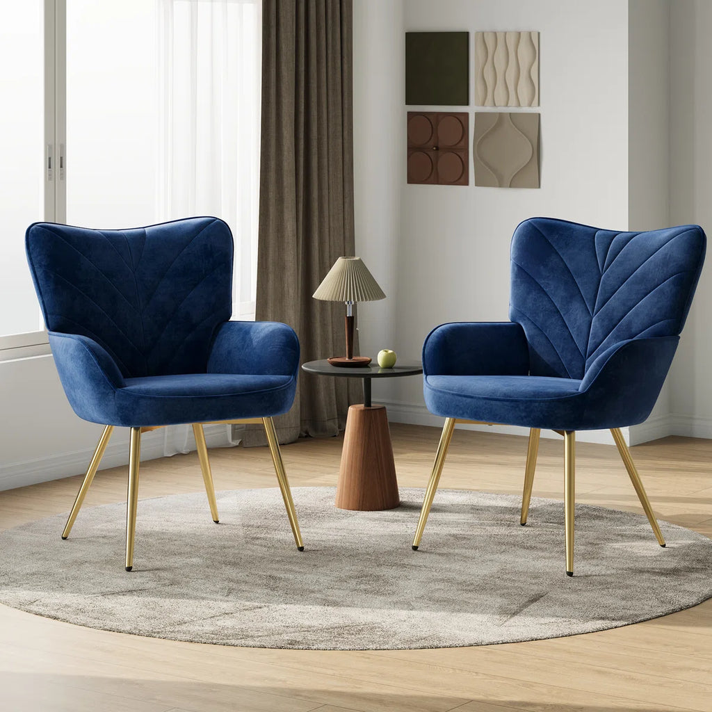 Plush Velvet Upholstered Armchair with Metal Legs (Set of 2)