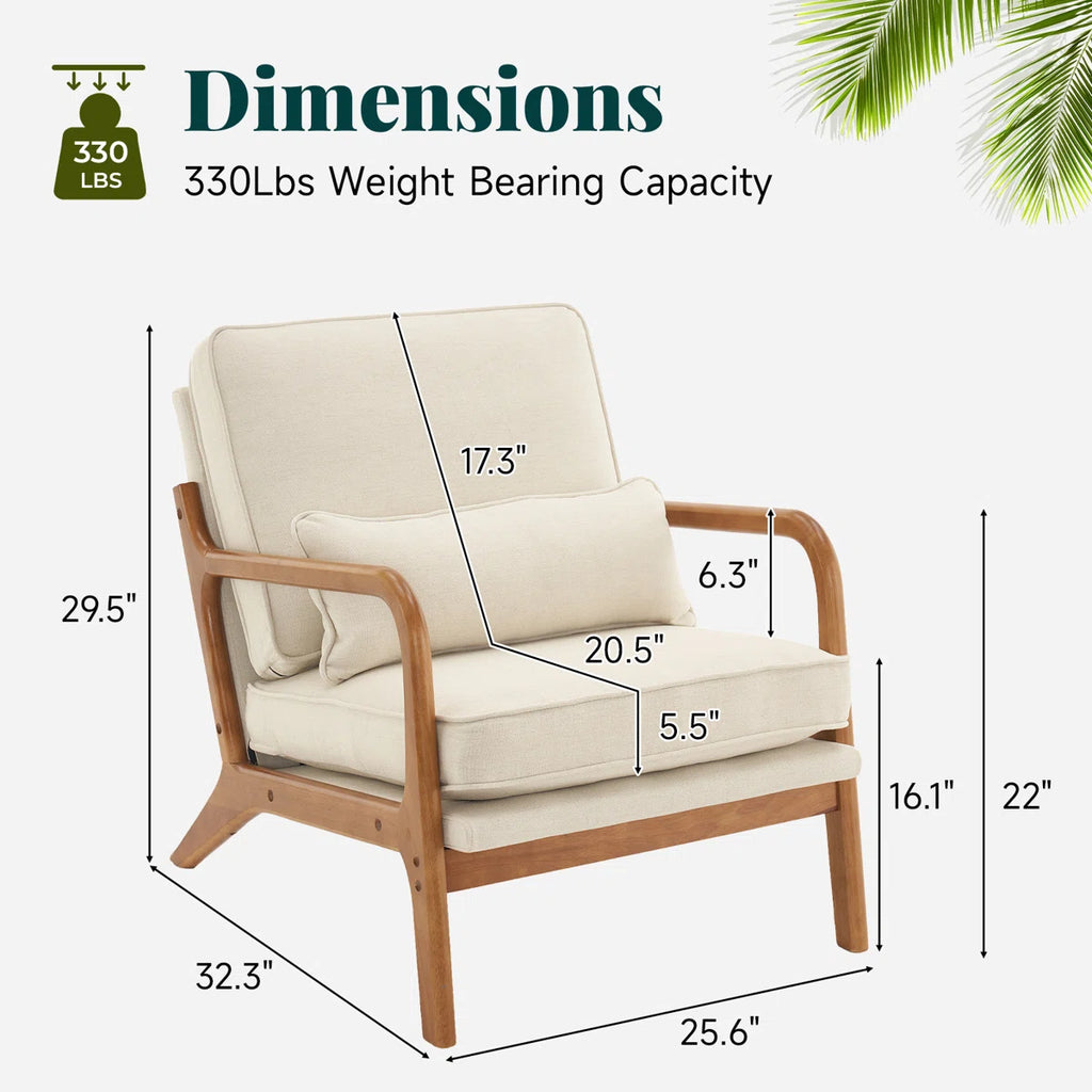 Lemley Mid Century Solid Wood Accent Chair Upholstered Armchair with an Extra Pillow