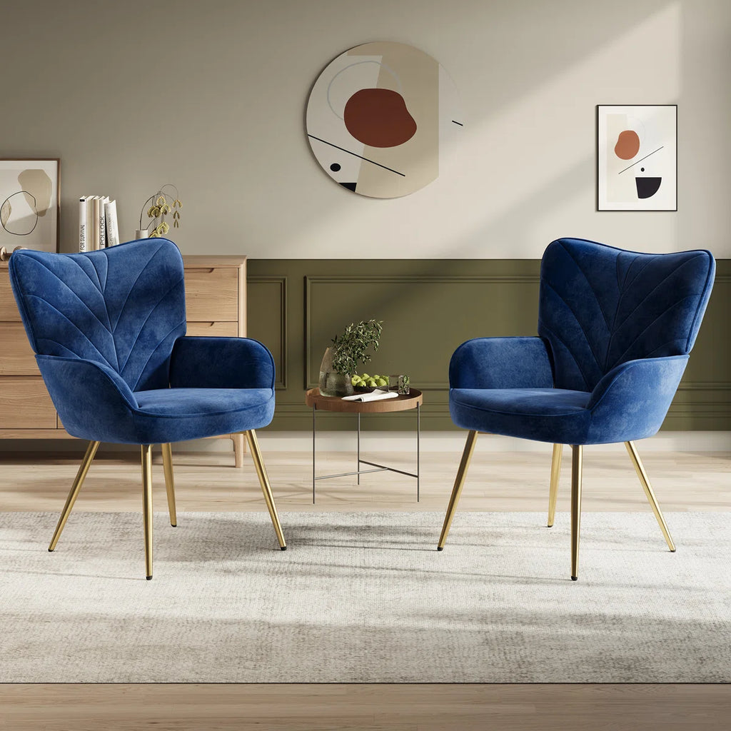 Plush Velvet Upholstered Armchair with Metal Legs (Set of 2)