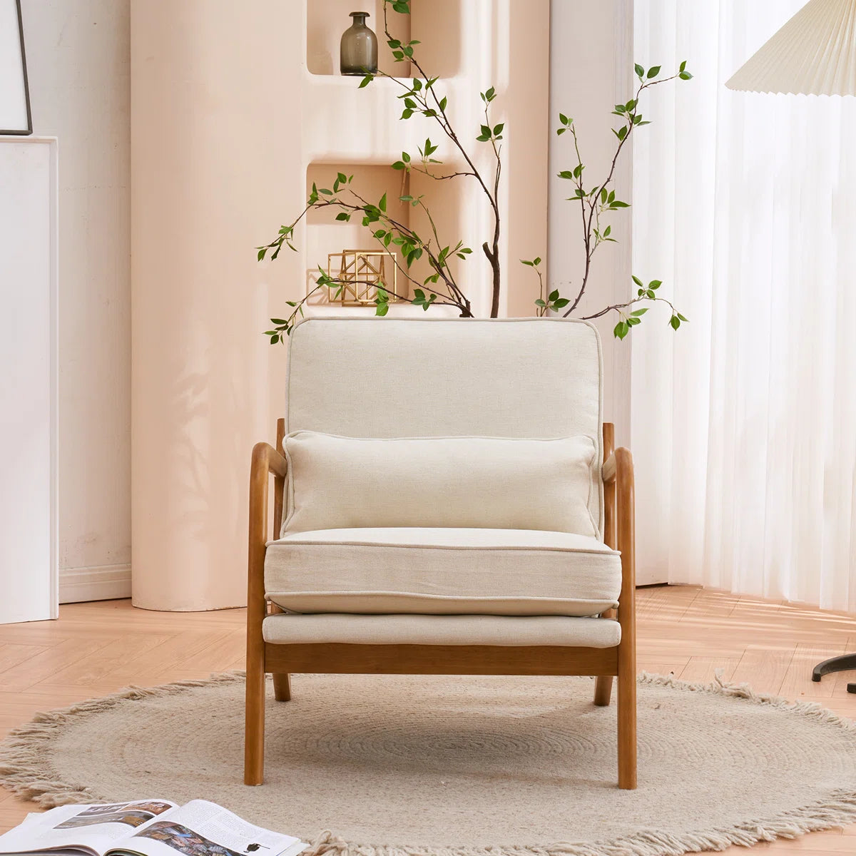 Lemley Mid Century Solid Wood Accent Chair Upholstered Armchair with an Extra Pillow