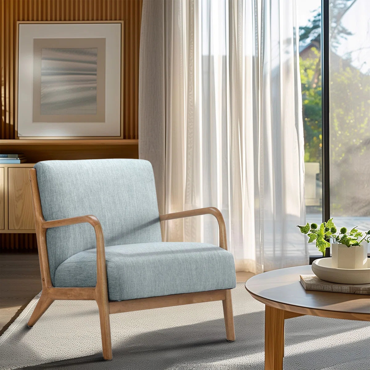 Novak Upholstered Mid-Century Armchair with Wood Arms and Frame (Set of 2)
