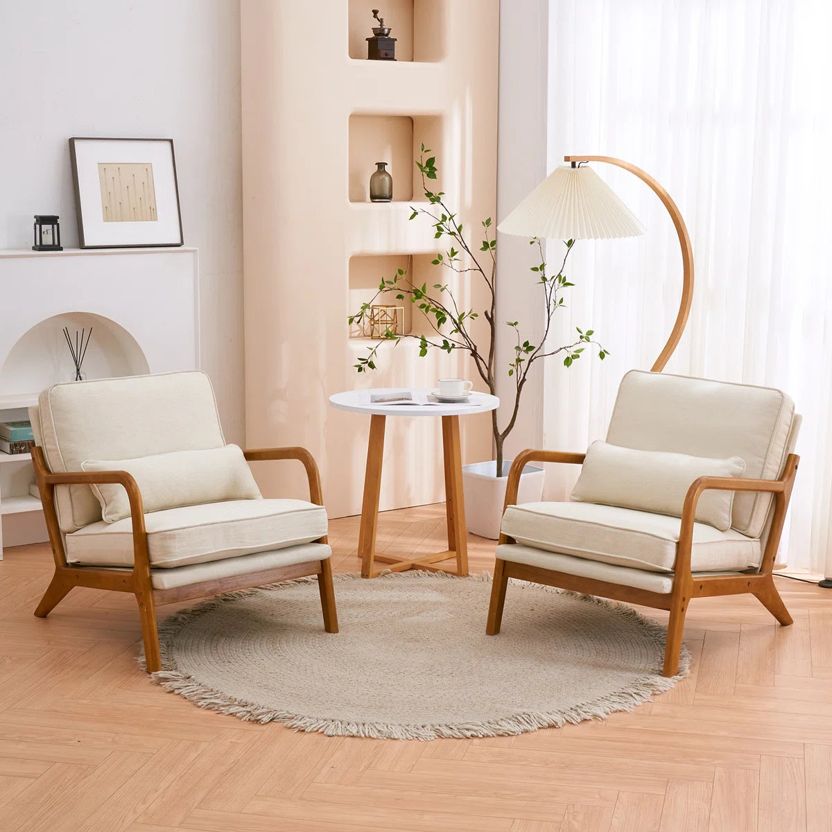 Lemley Mid Century Solid Wood Accent Chair Upholstered Armchair with an Extra Pillow
