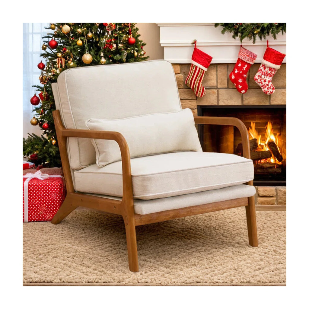 Lemley Mid Century Solid Wood Accent Chair Upholstered Armchair with an Extra Pillow