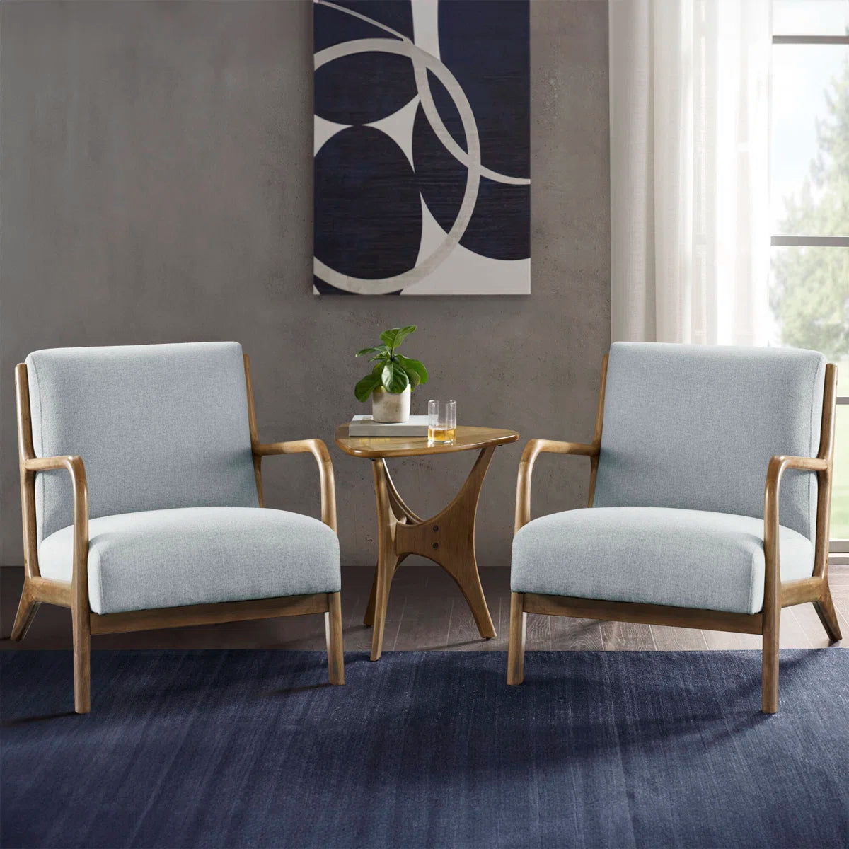 Novak Upholstered Mid-Century Armchair with Wood Arms and Frame (Set of 2)